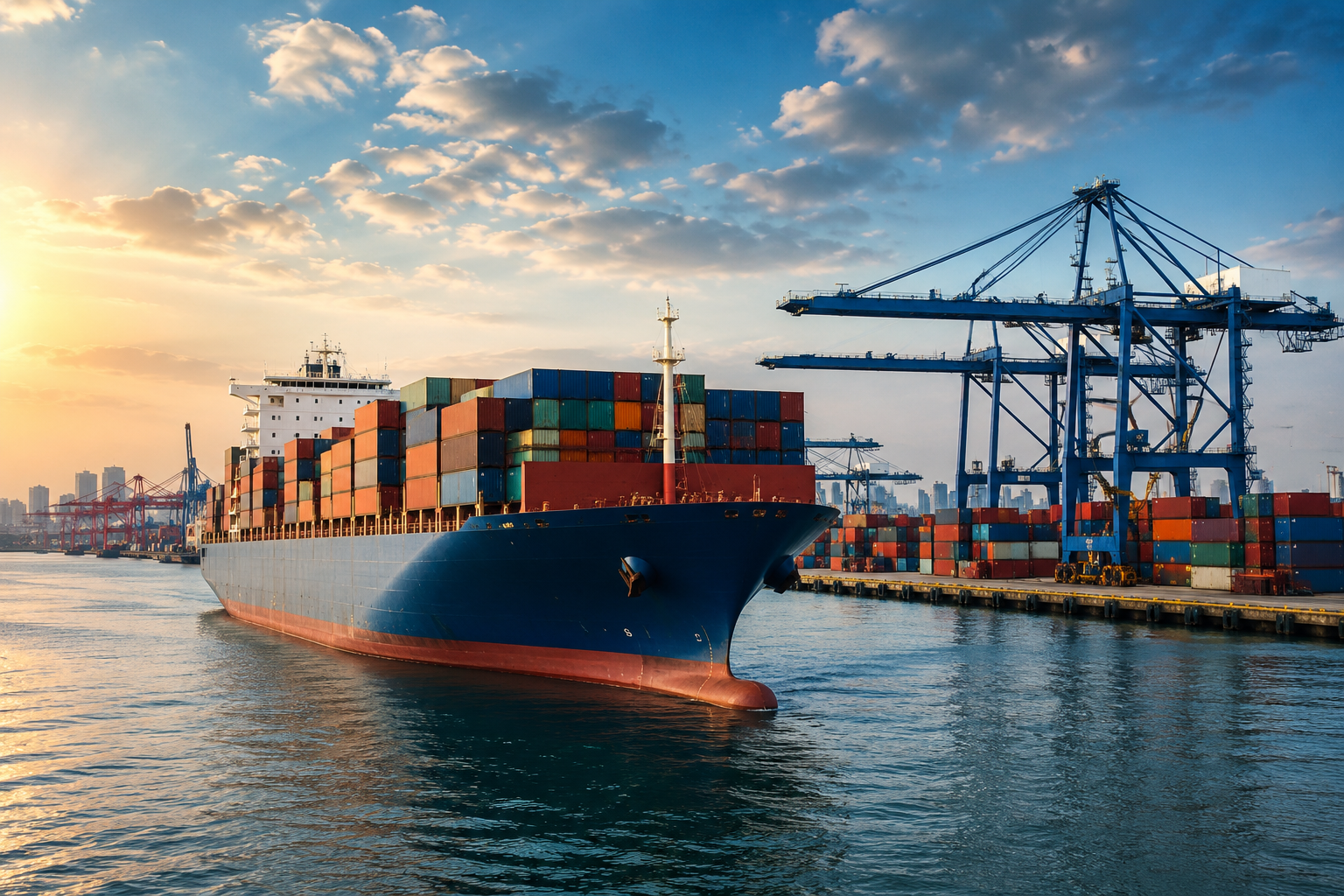 Navio porta-contêineres em terminal portuário