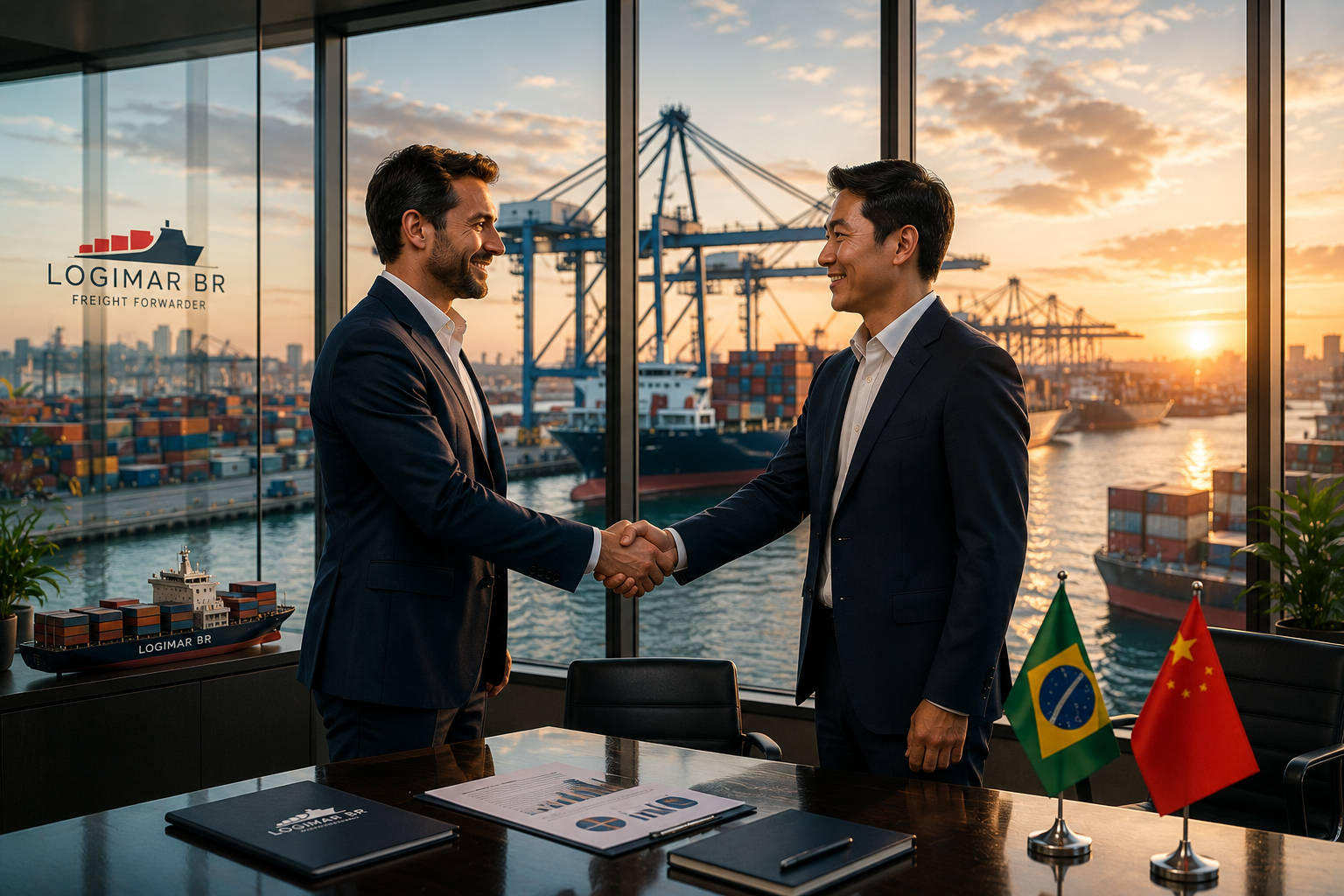Executivos brasileiro e asiático em reunião de negócios com terminal portuário ao fundo